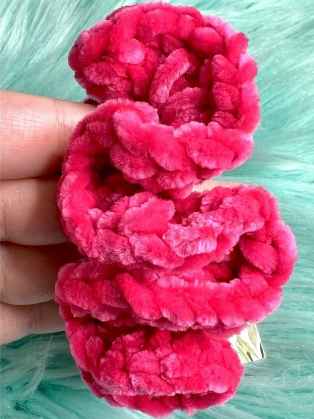 PinkRainCloud Handmade Luxe Velvet Hot Pink Crochet Plush Hair Scrunchie